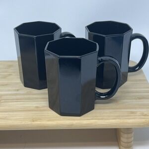 Set 3 1980s Vintage Arcoroc France Black Octime Octagon Cup Mugs‎ Coffee Glass